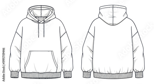 Fashion Sketch of a White Oversized Hoodie, Front and Back View