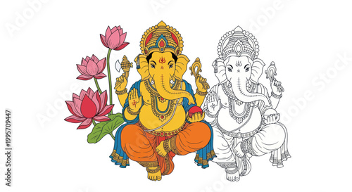 Ganesha Coloring Page and Colorful Illustration with Lotus Flowers