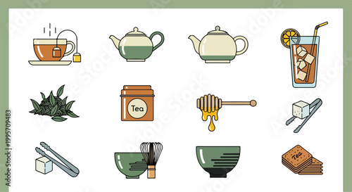 Flat lay illustration of various tea-related items for International Tea Day with a warm and inviting color palette