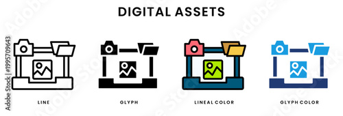 Digital assets and media management platform icon set in line, glyph, lineal color and glyph color styles