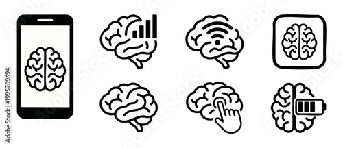 Brain Icon Set for Artificial Intelligence and Mobile App Technology Concept. Vector thin line symbols of human brain with digital elements, mobile interface, wifi, charging battery, and growth statis