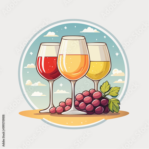 Three Glasses of Wine and Grapes Illustration