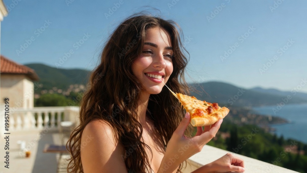 Naklejka premium Young woman smiling eating pizza on coastal balcony