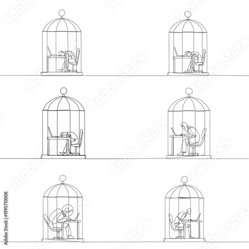 Set of continuous line drawing displays a man, woman, Arab, astronaut, and robot sleeping on a laptop inside a birdcage. A strong corporate burnout concept perfectly suited for a business magazine.