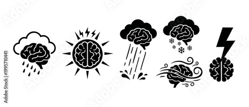 Brain weather icons set, human mind mental health conditions, emotional states, cognitive psychology concept, thinking processes, brainstorming creative ideas, psychological distress, neurological vec