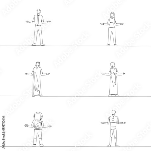 Set of single line drawing features a man, woman, Arab, astronaut, and robot standing and shrugging their shoulders in confusion. A great business problem concept suited for a psychology blog poster.