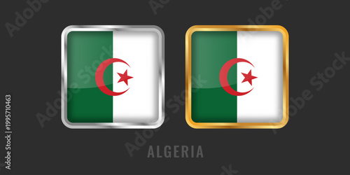 Premium set of Algerian national flags in square 3D format. Green and white vertical bars with red crescent and star in luxury metallic frames.