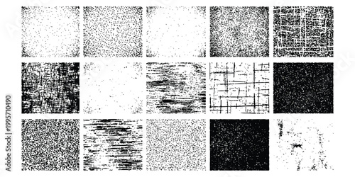 Set of black and white grunge texture patterns with distressed lines and rough abstract shapes