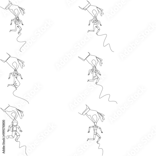 Set of one line drawing shows a giant human hand picking up a man, woman, Arab, astronaut, and robot. An intense corporate control concept suited perfectly for a business blog presentation layout.