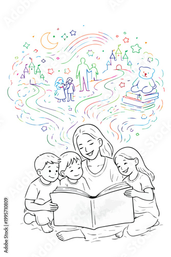 Vector art of a cute mother reading a storybook to her three children, sharing love and sparking imagination, illustrated with soft lines and warm, magical storytelling atmosphere.