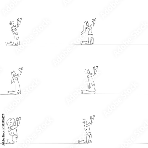 Set of single line drawing portrays a man, woman, Arab, astronaut, and robot kneeling to pray with hands up. A brilliant mental health concept ideally suited for a psychology blog post layout design.