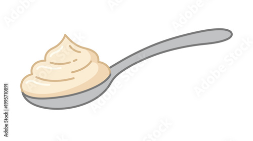 Spoon with mayonnaise or white cream illustration, condiment and cooking ingredient icon