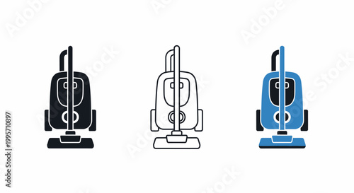 Vacuum Cleaner Icon Set in Black Silhouette, Outline and Blue Flat Style for Home Cleaning Appliance Vector Icons