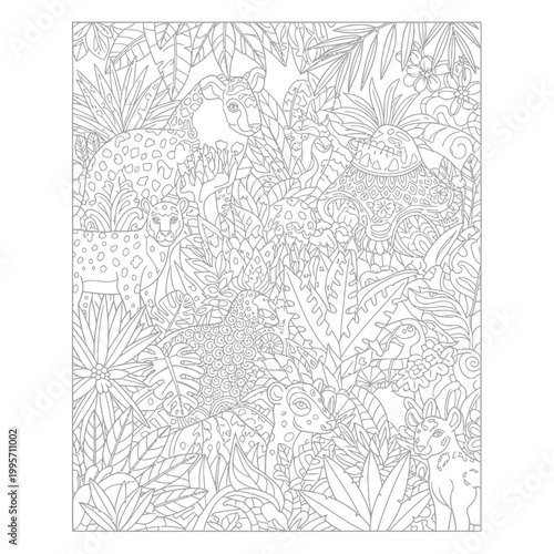 Photography Jungle Animals Coloring Page: Leopards and Lush Foliage