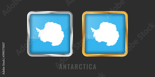 3D illustration of the Antarctica flag featuring the continent map. High-quality square glossy icons with gold and silver borders on grey background.