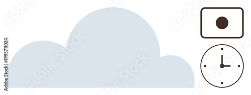 Data storage, cloud computing, time tracking, photography, digital organization, scheduling. A cloud shape beside a digital camera icon and a clock. Data storage and time tracking