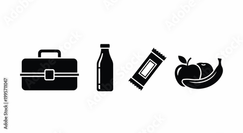 Lunch Box and School Food Icon Set with Lunchbox, Milk Bottle, Snack Bar and Fruit Black Silhouette Glyph Icons