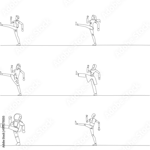 Set of continuous line drawing features a man, woman, Arab, astronaut, and robot performing a high kick. A powerful business breakthrough concept perfectly designed for a corporate motivation poster.