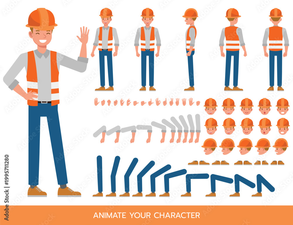 Obraz premium Construction worker Character Constructor – Flat Design Vector Kit with Poses and Facial Expressions for Animation and Explainer Videos