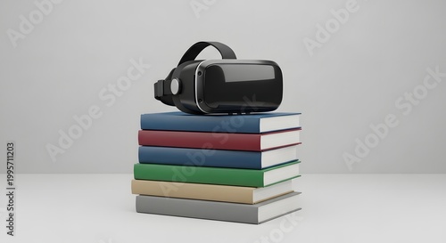 Bridging Worlds A Virtual Reality Headset Atop a Colorful Stack of Books, Symbolizing the Future of Education and Immersive Learning Experiences