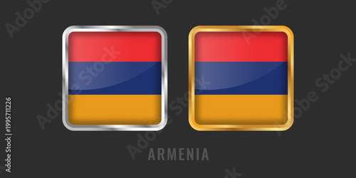 3D illustration of the Armenian national flag in square glossy buttons with gold and silver metallic borders. Vector symbol of Armenia for web and app design.