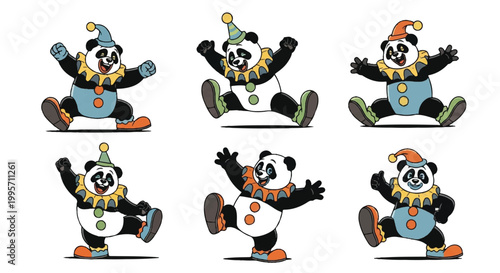 Cartoon pandas in clown costumes performing various actions