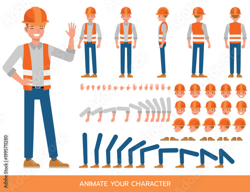 Construction worker Character Constructor – Flat Design Vector Kit with Poses and Facial Expressions for Animation and Explainer Videos