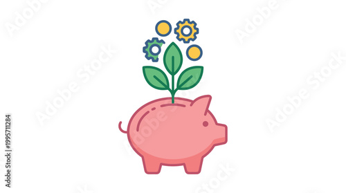 Piggy bank with plant growing illustration, financial growth and savings business concept icon