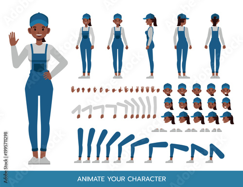Female handyman wear blue repairman apron Character Constructor – Flat Design Vector Kit with Poses and Facial Expressions for Animation and Explainer Videos