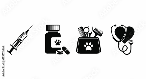 Veterinary and Pet Care Icon Set with Syringe, Pet Medicine Bottle, Grooming Kit and Stethoscope Black Silhouette Icons