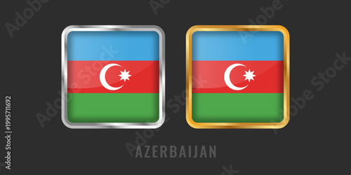 Luxury 3D square buttons of the Azerbaijan national flag with crescent and star. Vector icons in gold and silver metallic borders for web and print.