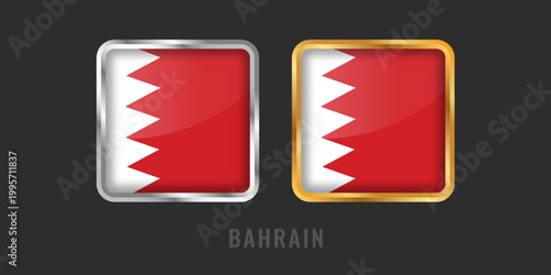 Realistic 3D square glossy flag of Bahrain with gold and silver borders. Red and white national symbol with five serrated points for apps and web.