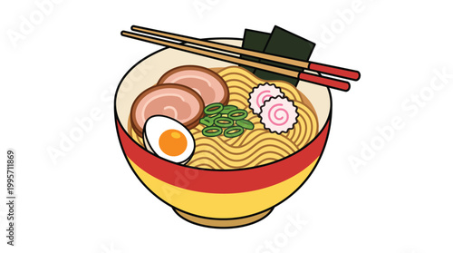 Bowl of Japanese ramen with noodles and egg illustration, Asian soup cuisine meal icon