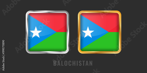 Free Download Flag of Balochistan region in 3D square glossy icons with gold and silver metallic borders. Blue, red, and green field with white star for web. - GFXLoad