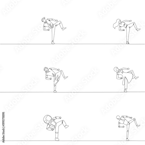 Set of single line drawing features a man, woman, Arab, astronaut, and robot performing a high kick. A powerful business breakthrough concept perfectly designed for a corporate motivation poster.