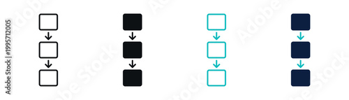 Process flow icons, vertical step sequence with arrows and squares, workflow and task progression concept in line and solid style, vector illustration