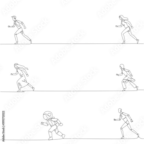 Set of continuous line drawing displays a man, woman, Arab, astronaut, and robot running fast forward. An excellent business success concept perfectly designed for a corporate motivation poster.