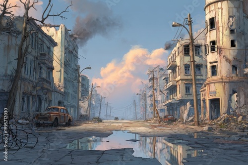 Deserted post-conflict urban street at dawn with ruined buildings and a moody sky