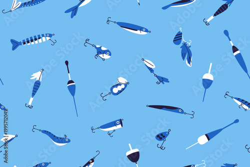 Repeatable blue pattern of different fishing baits and bobbers. Endless background of fishery gear, angling rod tackles- lures, wobblers, hooks for catching fish. Flat seamless vector illustration