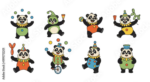Cartoon pandas in colorful costumes performing various circus acts