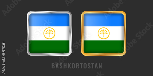 Flag of the Republic of Bashkortostan in 3D square glossy icons with gold and silver metallic borders. Kurai flower symbol on tricolor for apps.