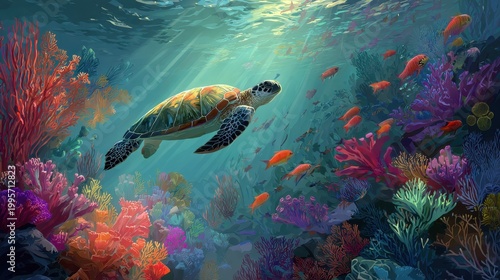 Dreamy underwater panorama of sea turtle and bright reef inhabitants