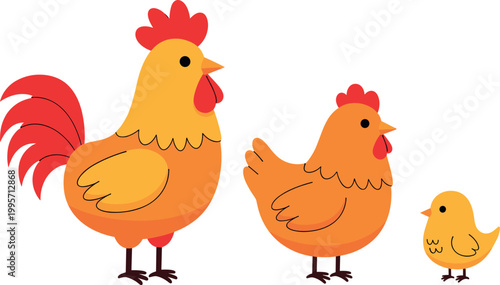 Vector Illustration of a Rooster, Hen, and Chick in Bright Colors for Farm and Animal Design Projects