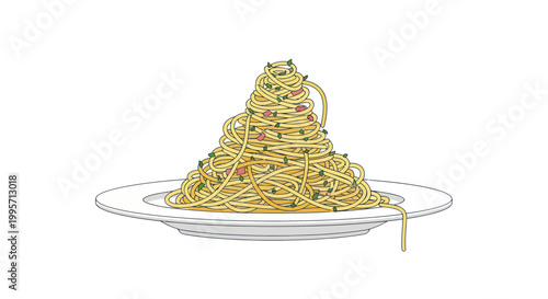 Delicious Spaghetti with Herbs and Garlic on a White Plate, Italian Cuisine