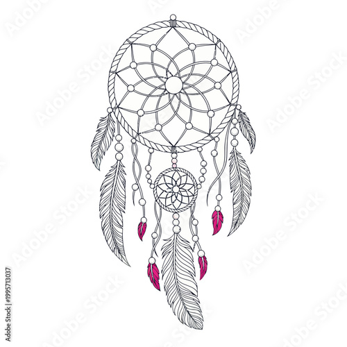 Dreamcatcher with Feathers and Beads, Native American Boho Style