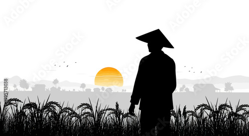 Farmer Silhouette in Rice Field at Sunrise with Asian Hat