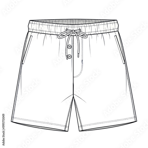 Fashion Sketch: Men's Swim Shorts with Drawstring and Buttons