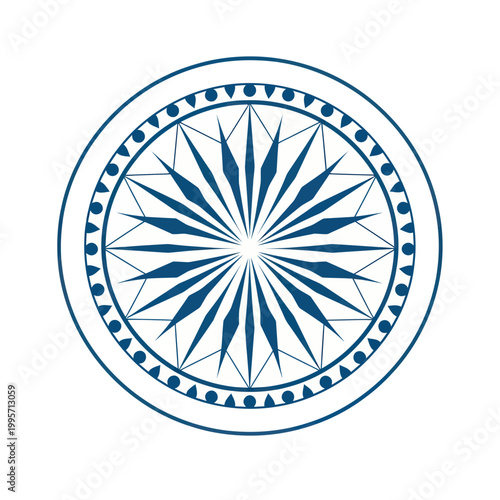 Geometric Mandala Circle with Starburst and Triangle Pattern, Blue Design