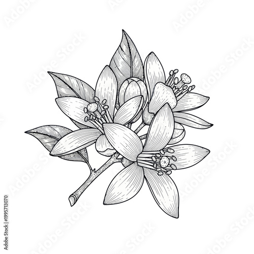 Hand Drawn Orange Blossom Branch with Leaves - Botanical Illustration