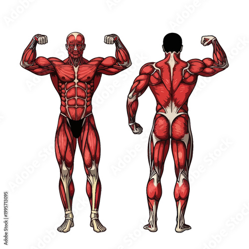 Human Anatomy Muscular System Front and Back View Illustration
